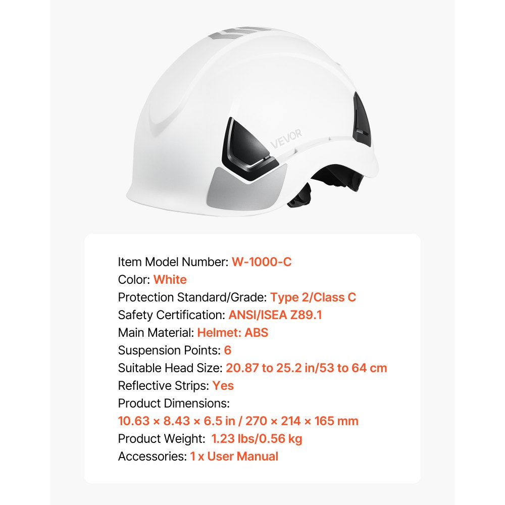VEVOR Industrial Safety Helmet, ANSI/ISEA Z89.1 Approved ABS Safety Hard Hat with 6-Point Ratchet Suspension, Adjustable Vented Hardhat for Men Women Adults, for Outdoor Indoor Construction Workwear