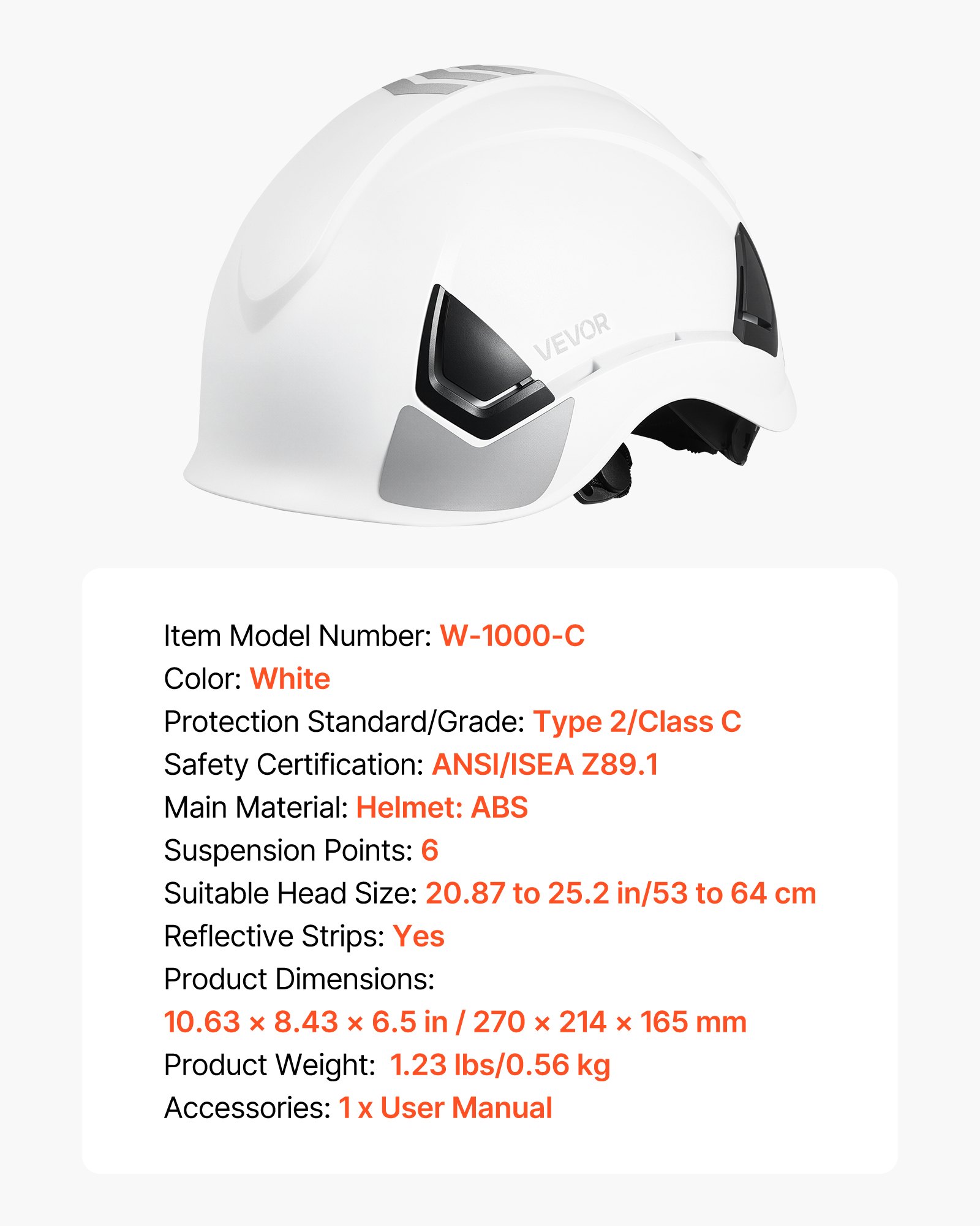 VEVOR Industrial Safety Helmet, ANSI/ISEA Z89.1 Approved ABS Safety Hard Hat with 6-Point Ratchet Suspension, Adjustable Vented Hardhat for Men Women Adults, for Outdoor Indoor Construction Workwear
