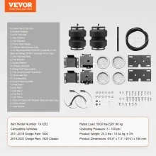 VEVOR Air Bag Suspension Kit, Air Springs Suspension Bag Kit Compatible with 2011-2018 Dodge Ram 1500, 2019-2021 Dodge Ram 1500 Classic, 5000 lbs Loading, 5 to 100 PSI