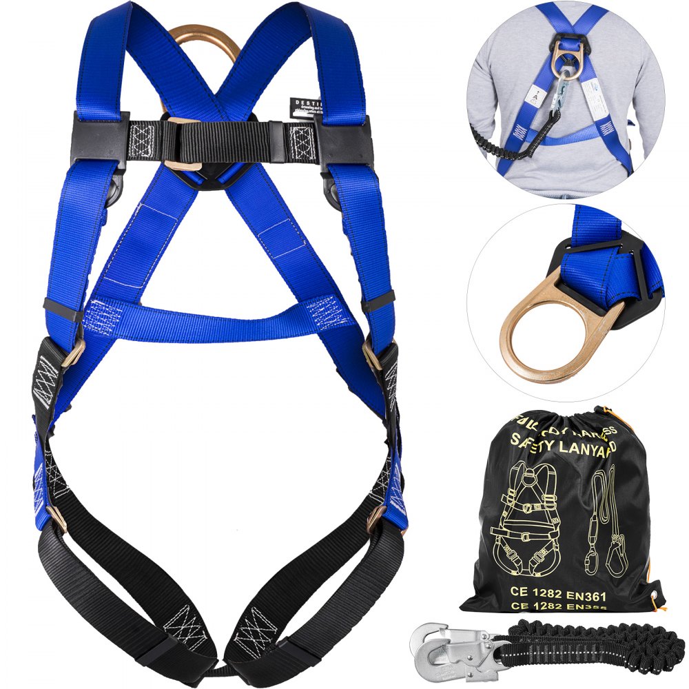 Safety Harness Fall Protection Kit: Full Body Roofing harnesses with Shock  Absorbing Lanyard - Updated Comfortable Waist Pad