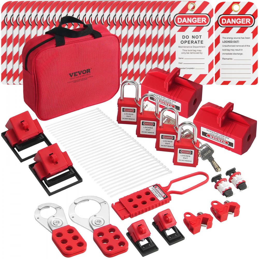 VEVOR Electrical Lockout Tagout Kit, 47 PCS Safety Loto Kit inkluderar hänglås, haspar, taggar, nylonband, stickproppslåsningar, kretsbrytarlåsningar och bärväska, för industriell, elektrisk kraft