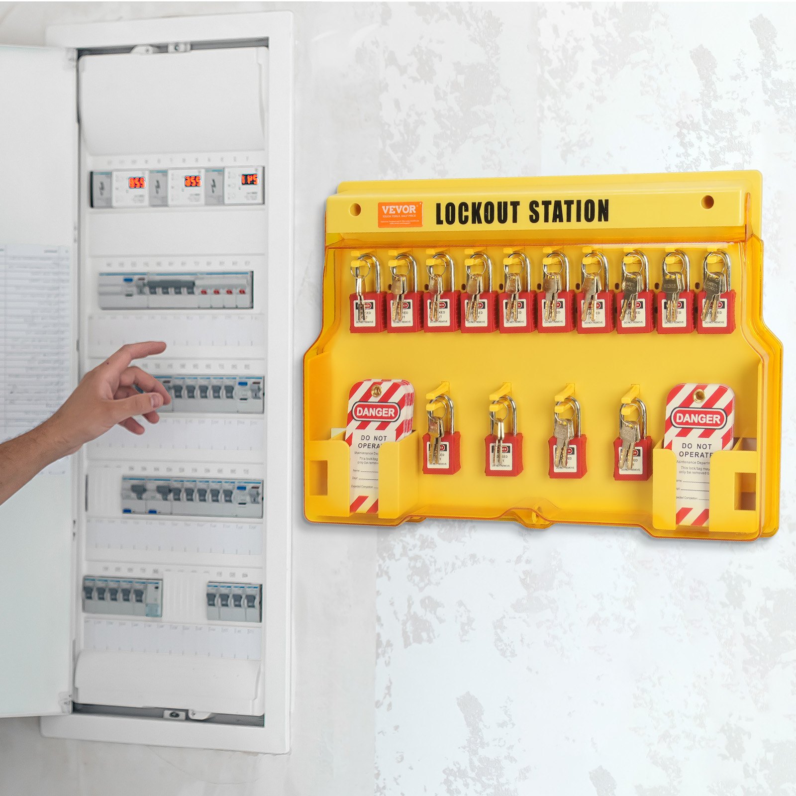 VEVOR Electrical Lockout Tagout Kit, 60 PCS Safety Lockout Tagout Station Includes Padlocks, Hasps, Tags, Nylon Ties, Expansion Kit, and Lockout Station Board, for Industrial, Electric Power