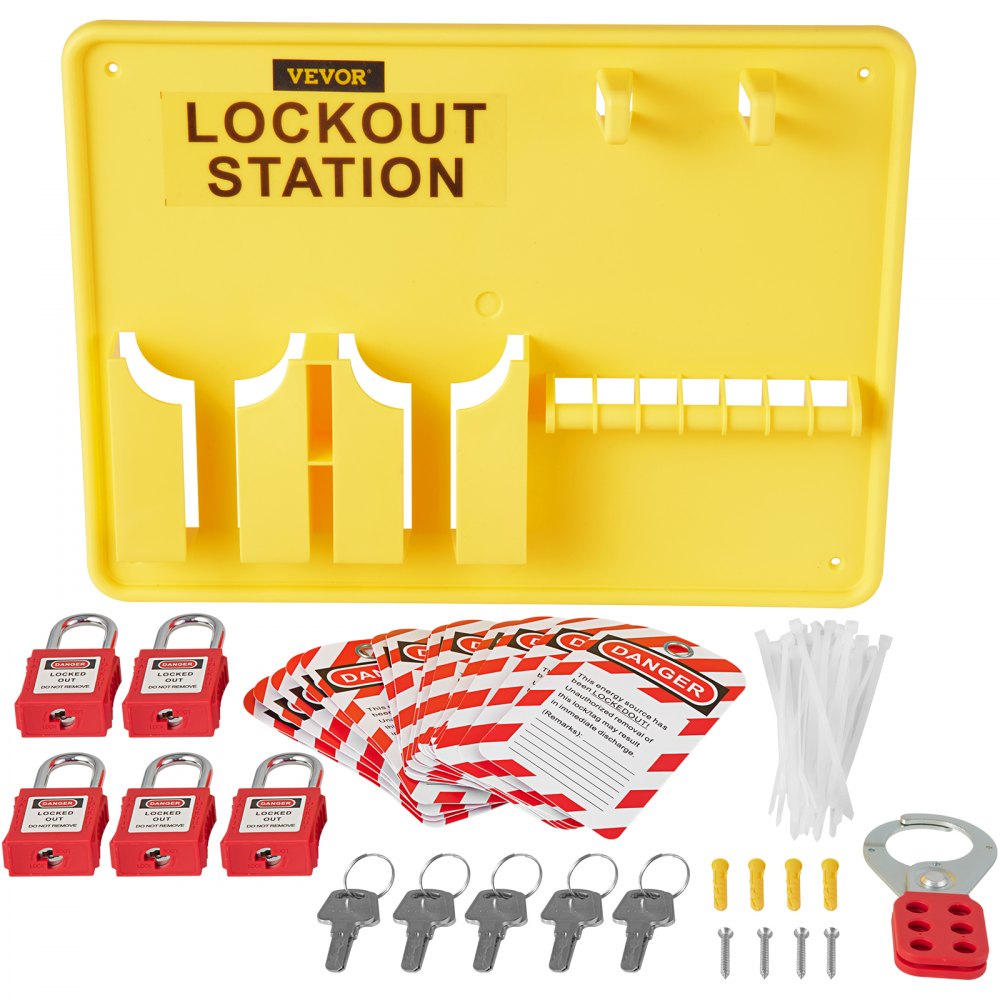 yellow VEVOR lockout tagout kit with station board, padlocks, danger tags, zip ties, keys, and accessories.