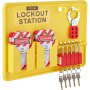 yellow VEVOR lockout tagout kit with padlocks, danger tags, and lockout hasp on a lockout station board.