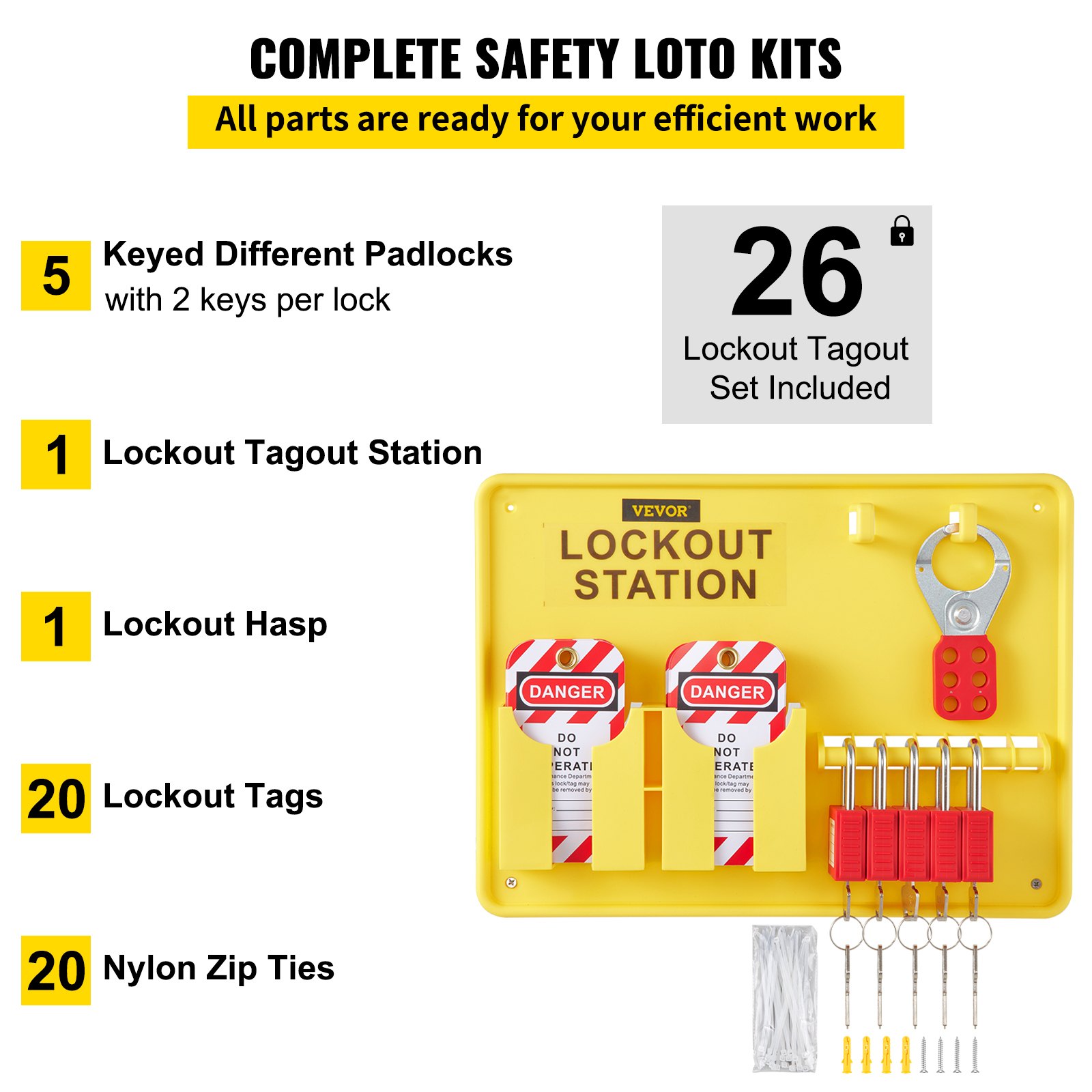 VEVOR lockout tagout kit with padlocks, tags, hasp, zip ties, and lockout station for safety compliance.