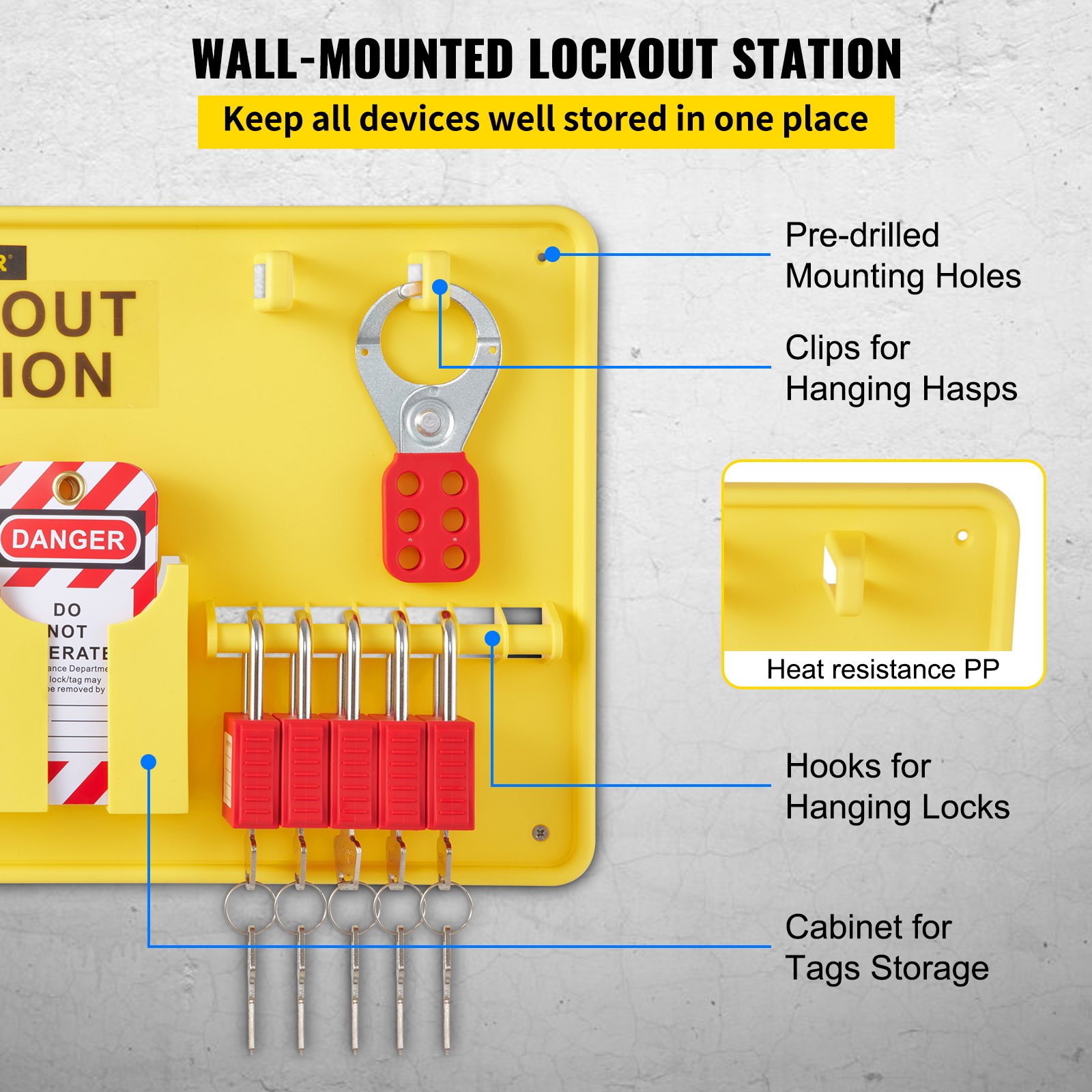 wall-mounted VEVOR lockout tagout kit with padlocks, hasps, and storage cabinet for workplace safety.