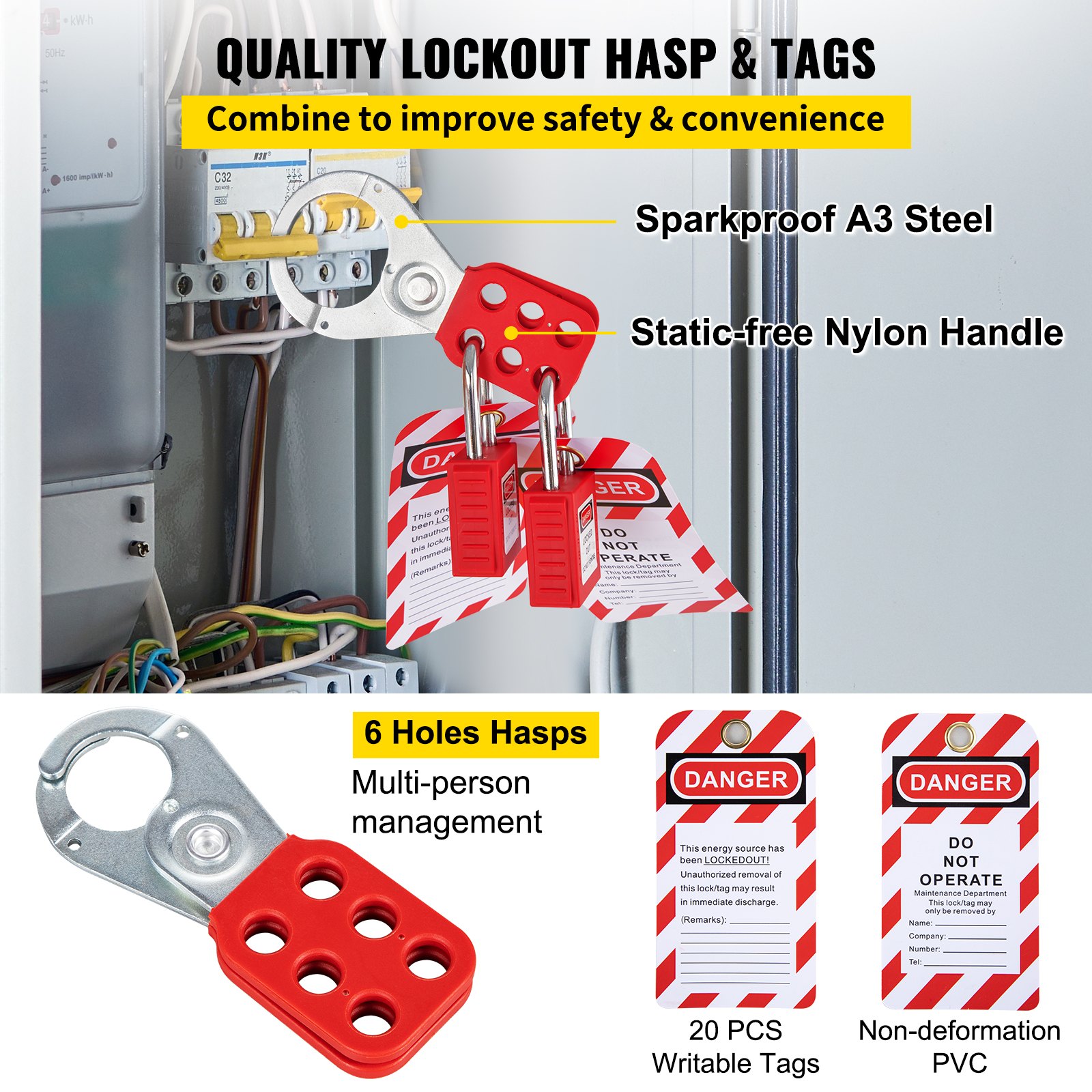 VEVOR lockout tagout kit with 6-hole hasps, sparkproof a3 steel, and 20 writable pvc tags for safety.