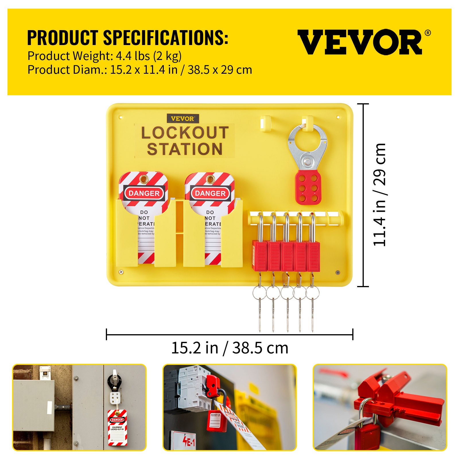 yellow VEVOR lockout tagout kit with tags, padlocks, and keys. dimensions: 15.2 x 11.4 inches.
