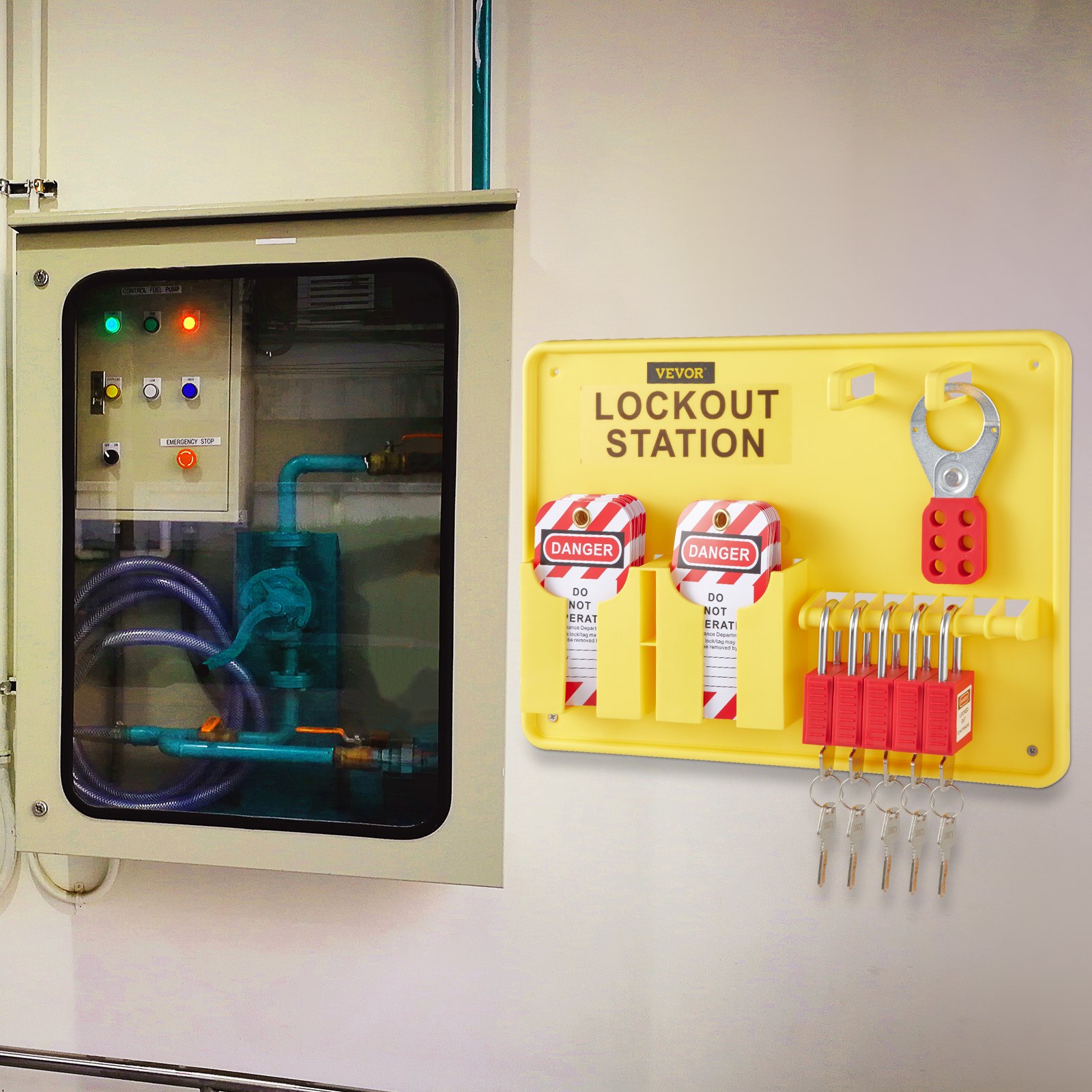 VEVOR lockout tagout kit station mounted on the wall beside an electrical control panel.