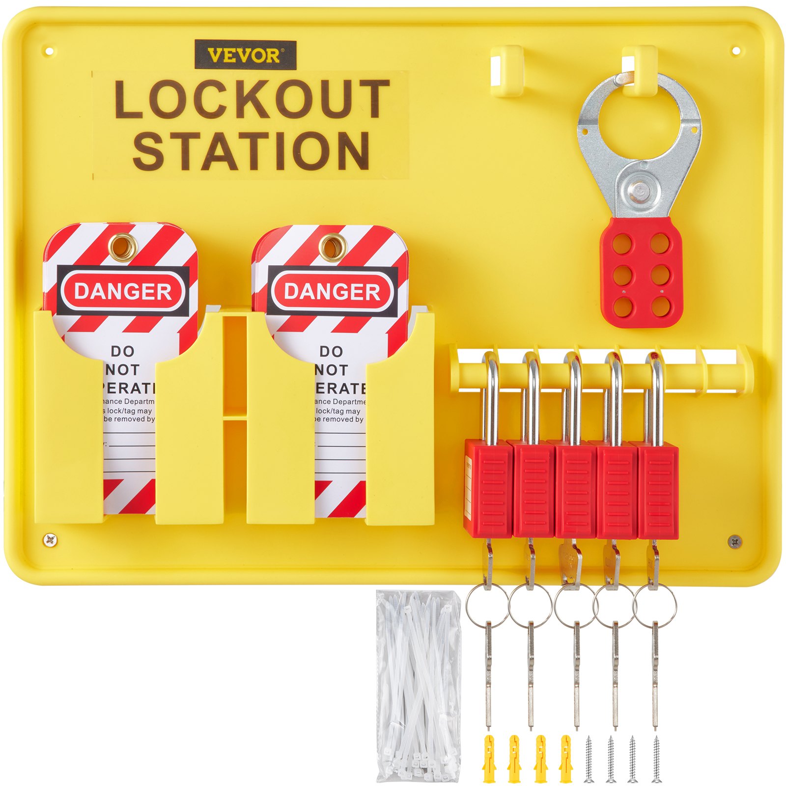 yellow VEVOR lockout tagout kit with tags, locks, keys, and zip ties on a lockout station board.
