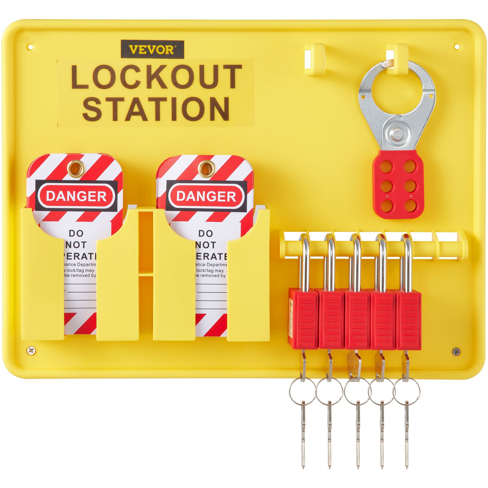 yellow VEVOR lockout tagout station with &quot;danger&quot; tags, red padlocks, keys, and lockout hasp.