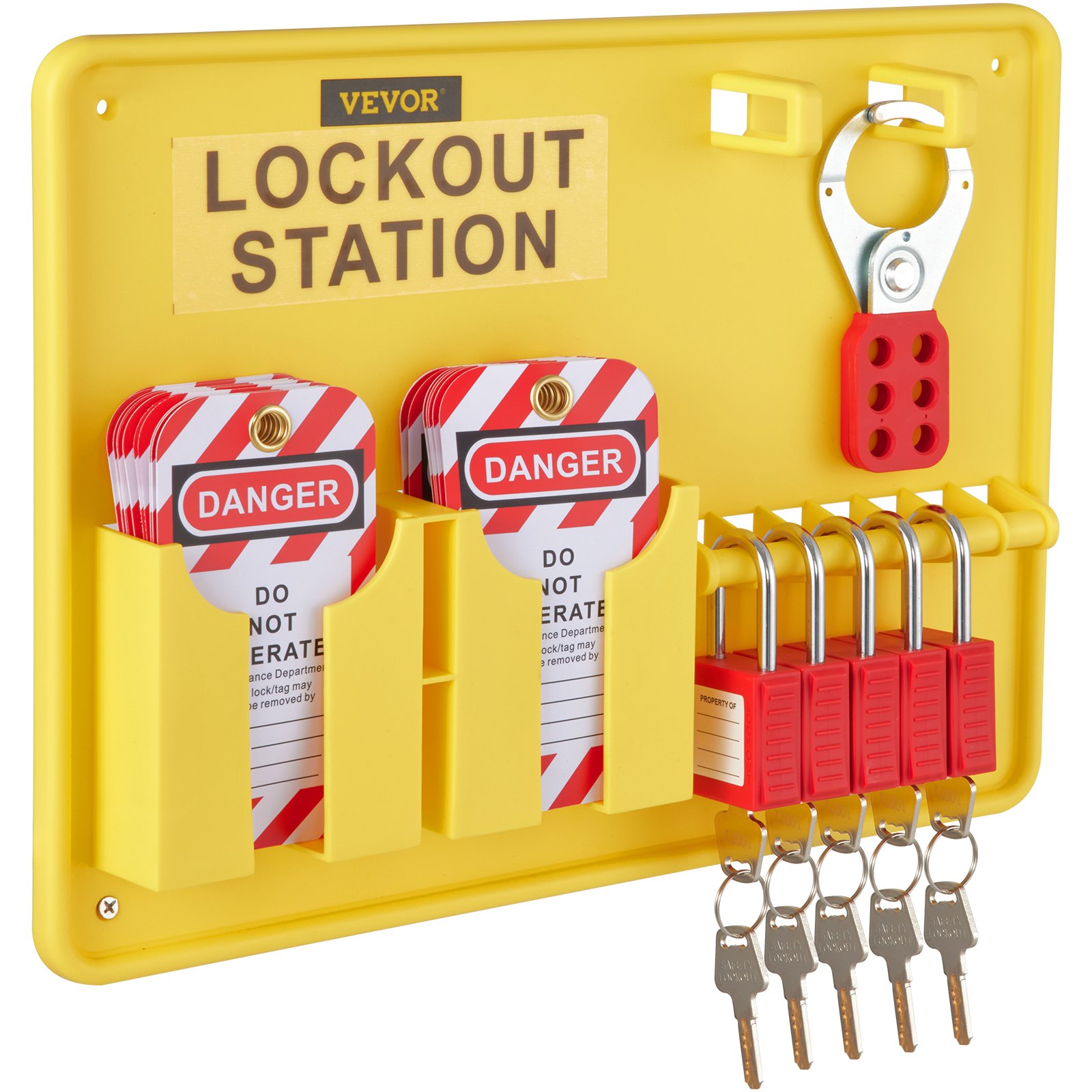 yellow VEVOR lockout tagout kit with padlocks, danger tags, and lockout hasp on a lockout station board.