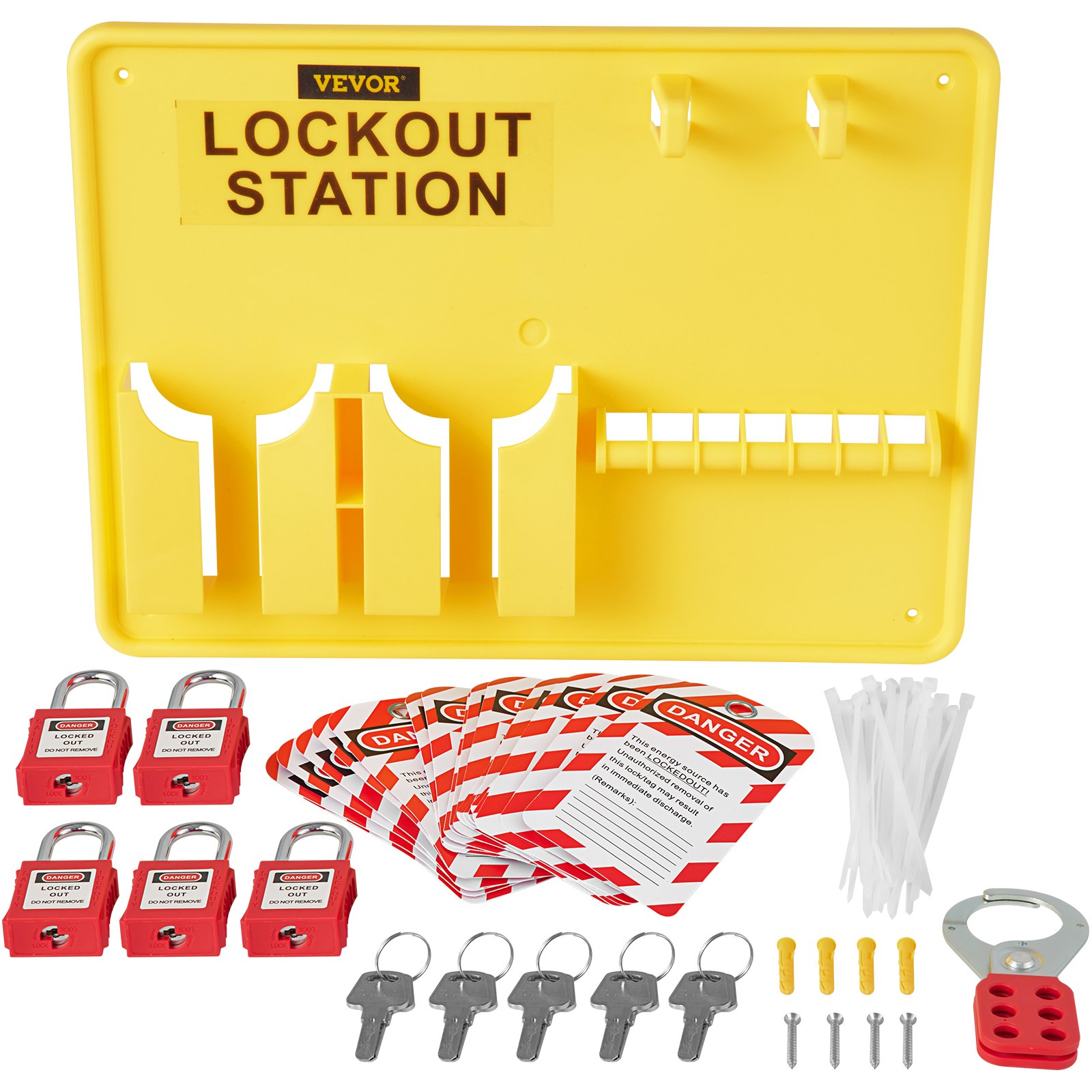 yellow VEVOR lockout tagout kit with station board, padlocks, danger tags, zip ties, keys, and accessories.