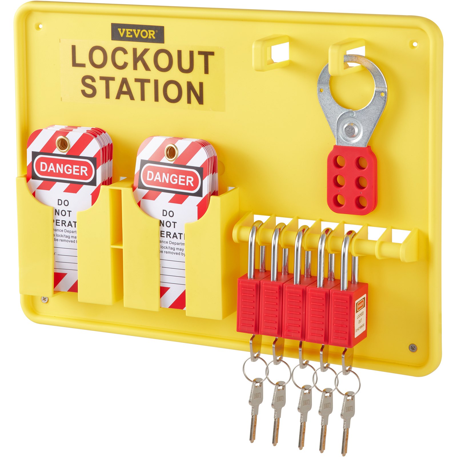 yellow VEVOR lockout tagout kit with red padlocks, lockout tags, and keys hanging on a wall mount.