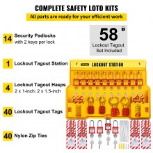 VEVOR Lot de 58 kits de verrouillage de sécurité électrique comprenant des cadenas, une station de verrouillage, un moraillon, des étiquettes et des attaches zippées, des outils de sécurité pour l'industrie, l'énergie électrique, les machines.