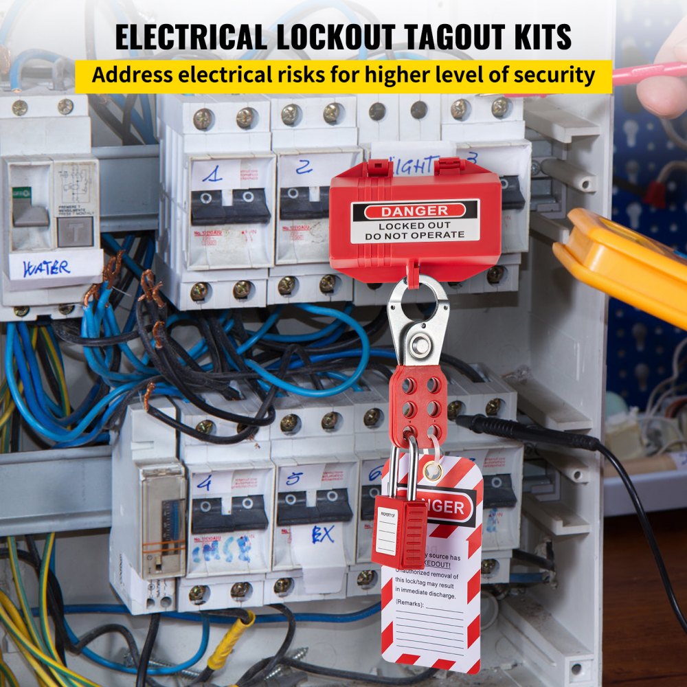 VEVOR lockout tagout kits securing an electrical panel, ensuring high-level safety and risk prevention.