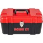 red and black toolbox labeled &quot;lockout kit&quot; with metal latch and VEVOR branding.