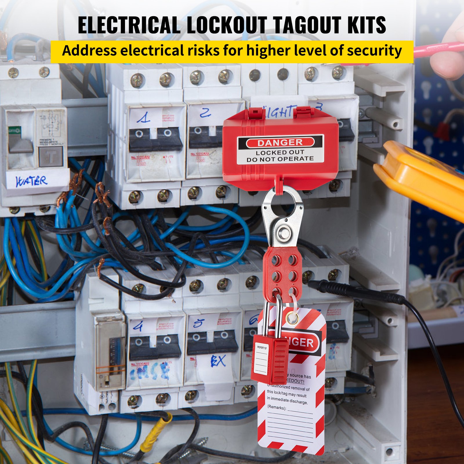 VEVOR lockout tagout kits securing an electrical panel, ensuring high-level safety and risk prevention.