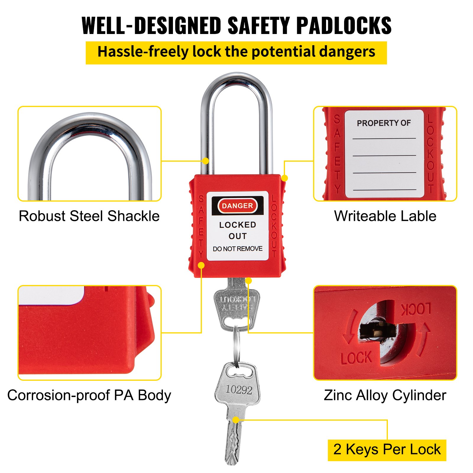red safety padlock with steel shackle, corrosion-proof pa body, zinc alloy cylinder, and writeable label.