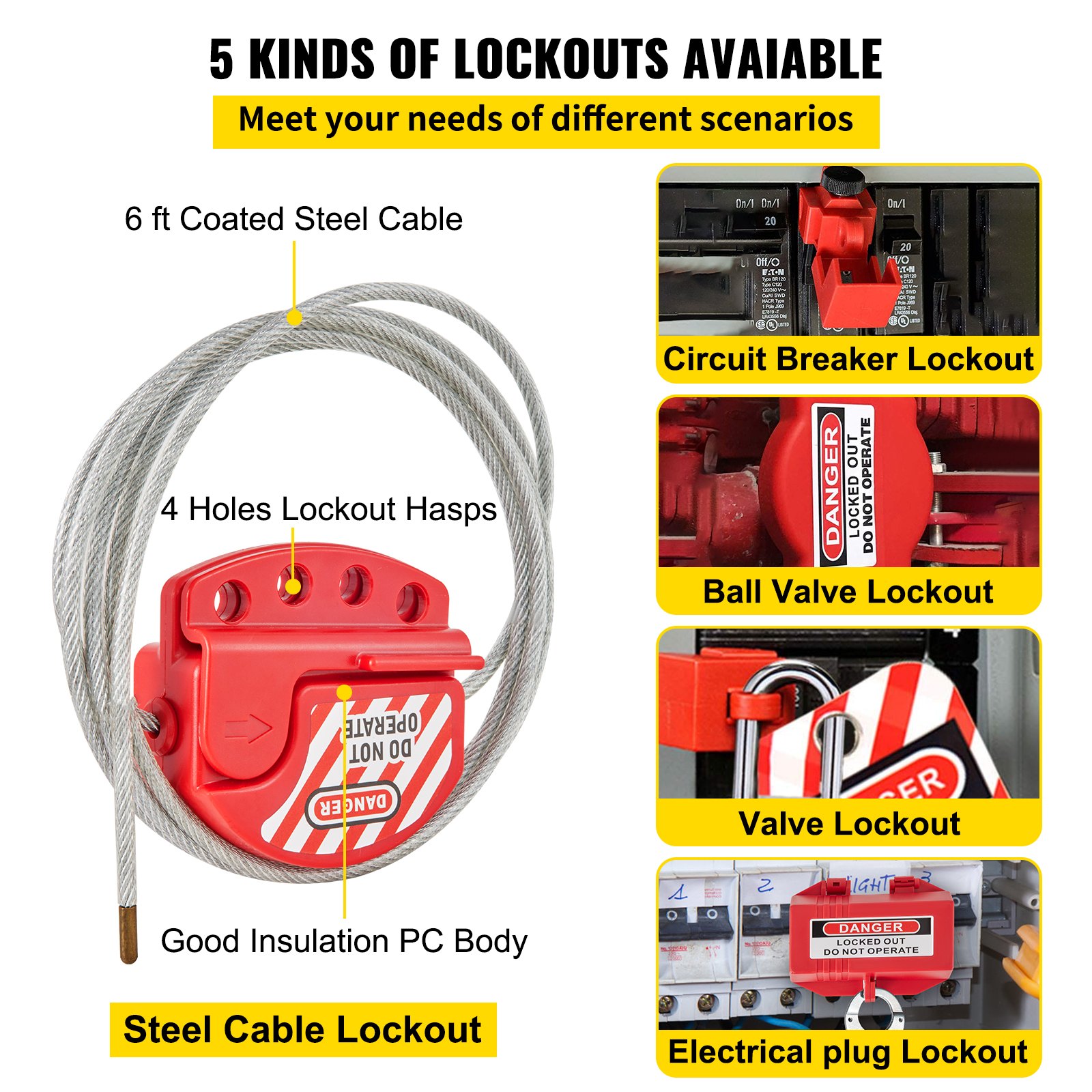 different VEVOR lockout tagout kits for circuit breaker, ball valve, electrical plug, valve, and steel cable.