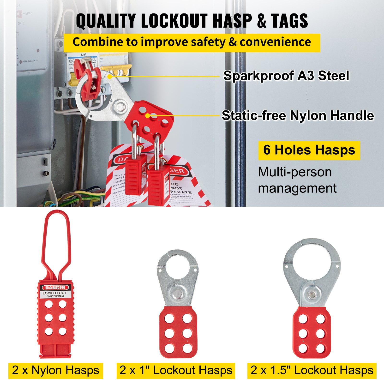 VEVOR lockout tagout kits with nylon and steel hasps, tags, sparkproof handles, and multi-person management.