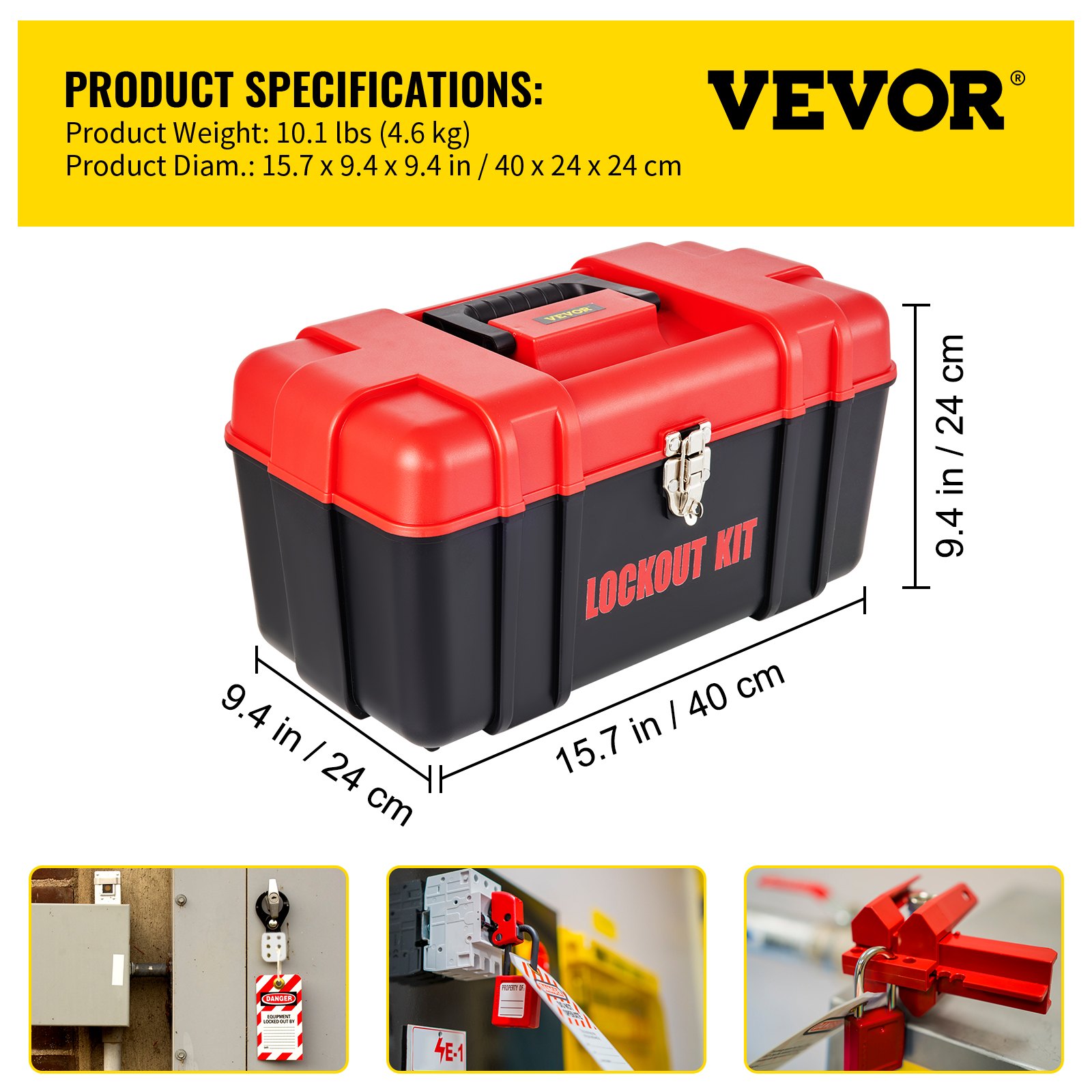 VEVOR lockout tagout kits, 15.7 x 9.4 x 9.4 in, black and red, includes lockout devices.