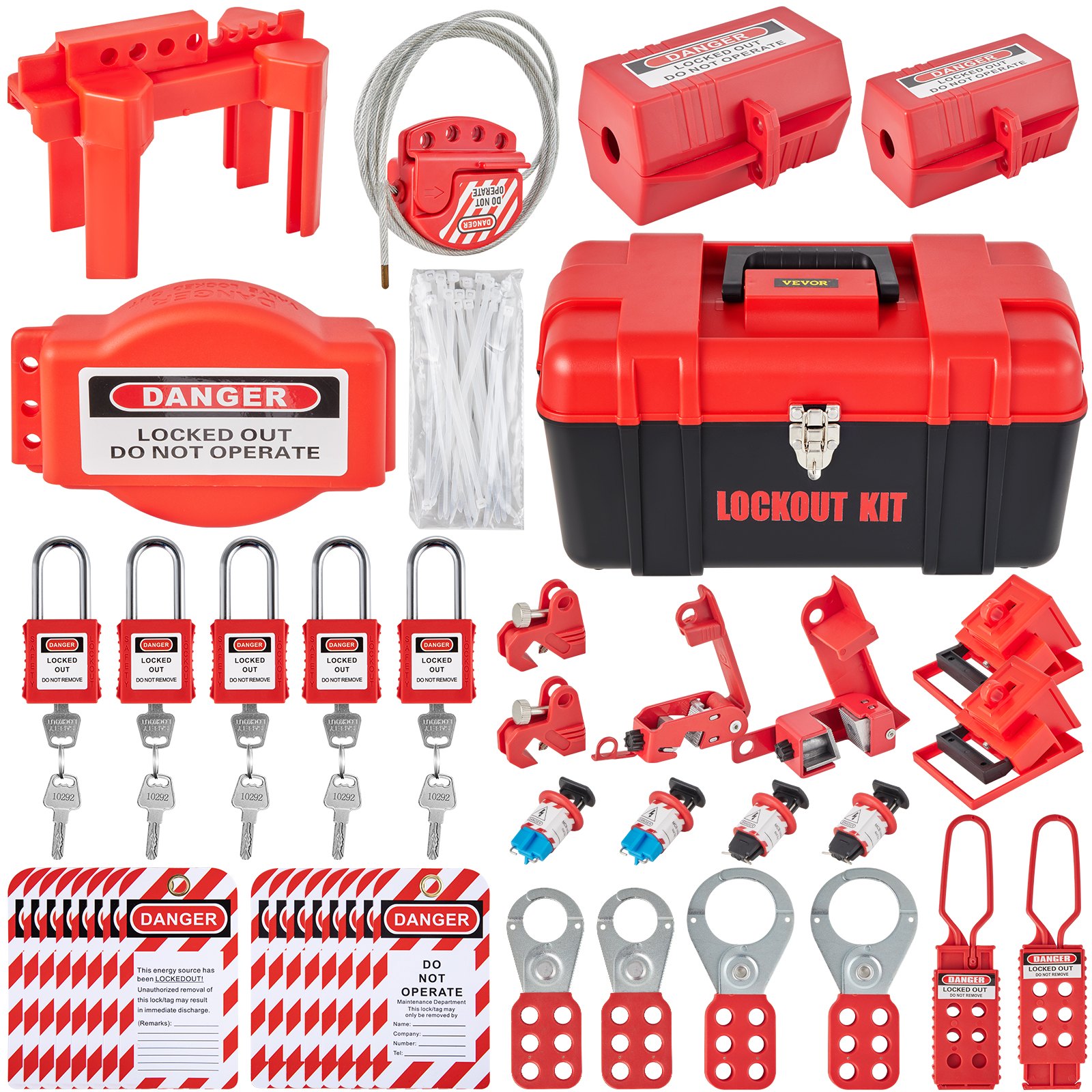 VEVOR lockout tagout kits with toolbox, padlocks, lockout devices, warning tags, and cables.