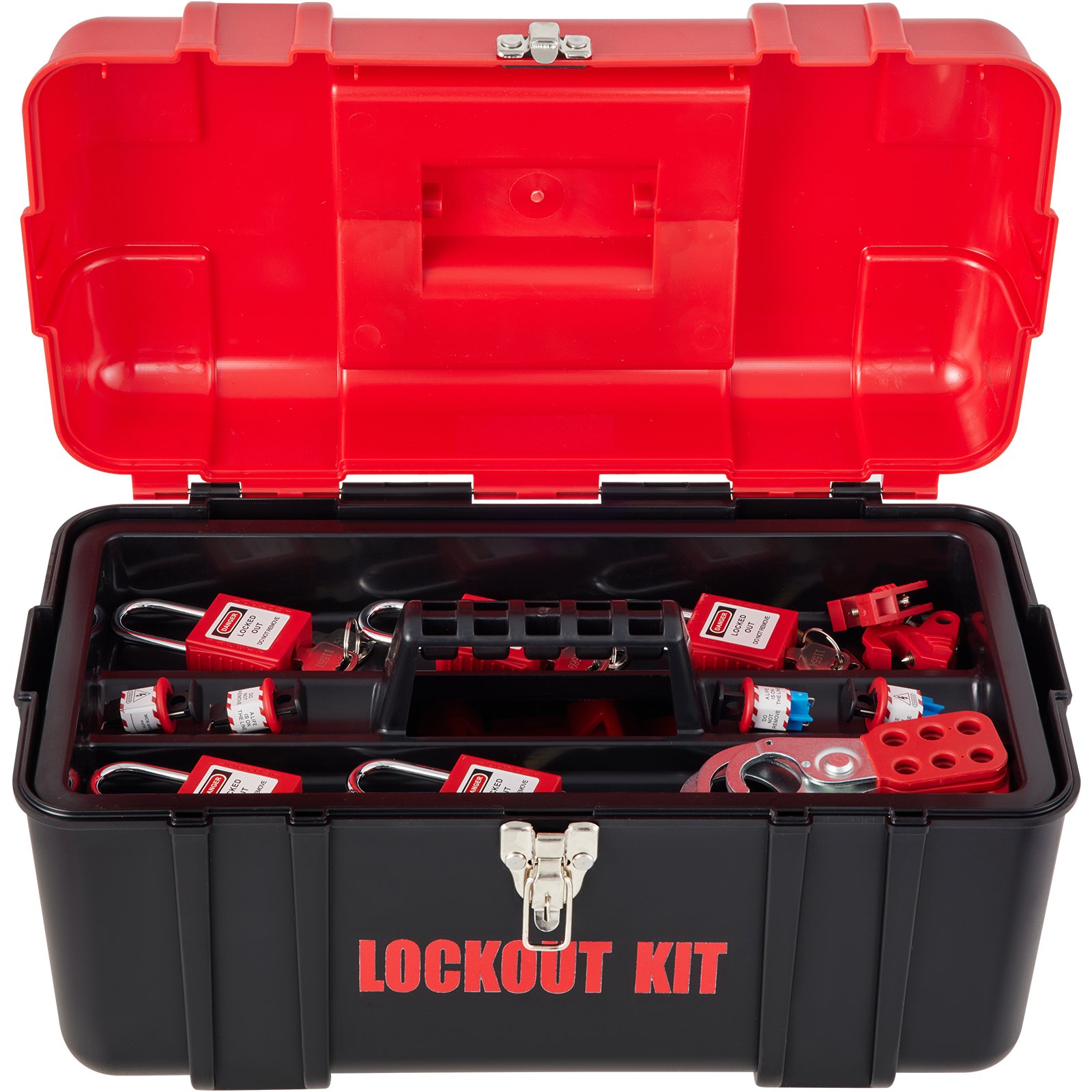 VEVOR lockout tagout kits with red and black tools inside a secure tool box.