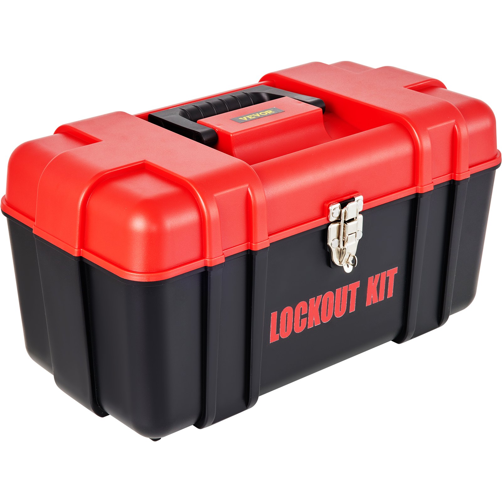 red and black toolbox labeled &quot;lockout kit&quot; with a handle and metal latch, branded VEVOR lockout tagout kits.