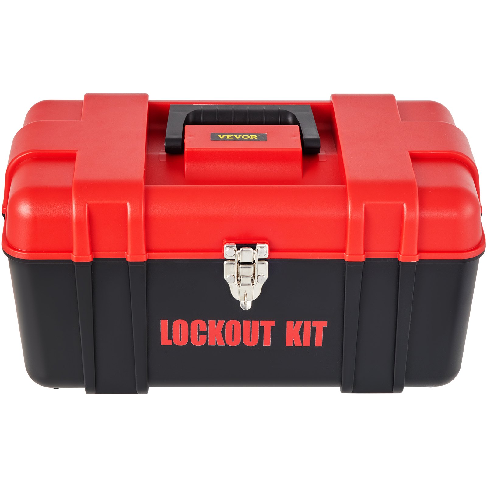 red and black toolbox labeled &quot;lockout kit&quot; with metal latch and VEVOR branding.