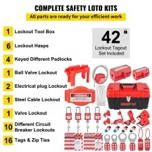 VEVOR 42 PCS Lockout Tagout Kits, Electrical Safety Loto Kit Includes Padlocks, 5 Kinds of Lockouts, Hasps, Tags & Ties, Box, Lockout Safety Tools for Electrical Risk Removal in Industrial, Machinery