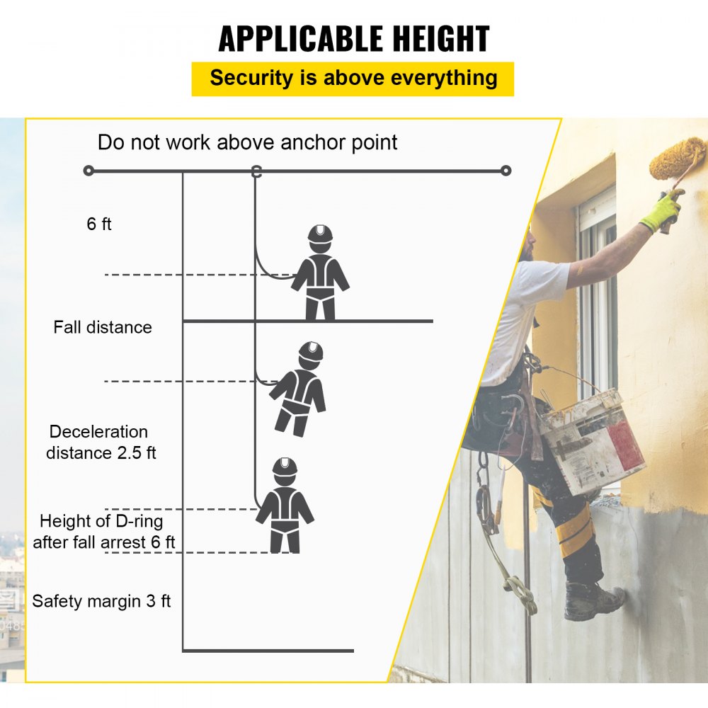 VEVOR Vertical Lifeline Assembly, 25 ft Fall Protection Rope, Polyester Roofing Rope, CE Compliant Fall Arrest Protection Equipment with Alloy Steel Rope Grab, Two Snap Hooks, Shock Absorber