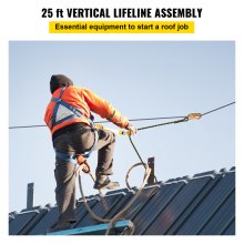 VEVOR Vertical Lifeline Assembly, 25 ft Fall Protection Rope, Polyester Roofing Rope, CE Compliant Fall Arrest Protection Equipment with Alloy Steel Rope Grab, Two Snap Hooks, Shock Absorber