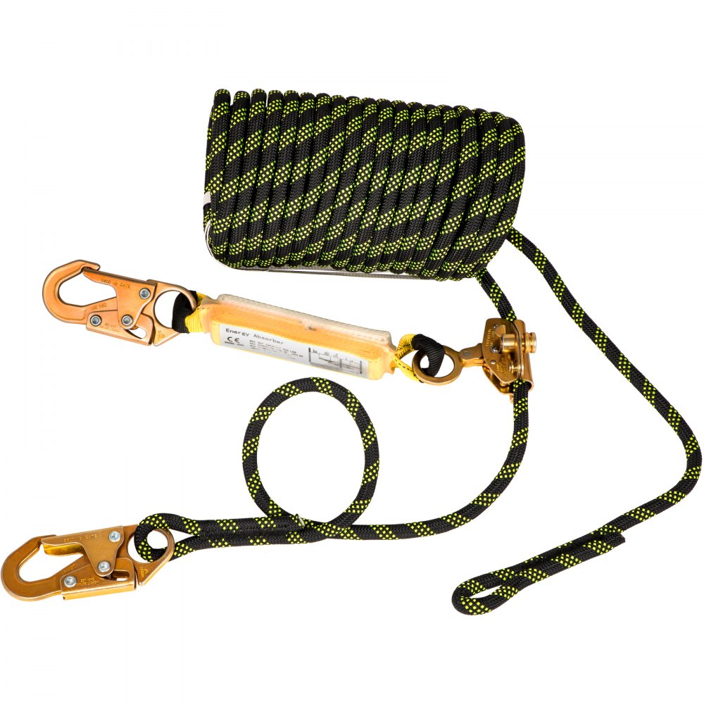 VEVOR Vertical Lifeline Assembly, 50 ft Fall Protection Rope, Polyester Roofing Rope, CE Compliant Fall Arrest Protection Equipment with Alloy Steel Rope Grab, Two Snap Hooks, Shock Absorber