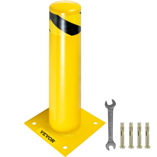 VEVOR Safety Bollard 24"x4.5" Safety Barrier Bollard 4-1/2" OD 24" Height Yellow Powder Coat Pipe Steel Safety Barrier with 4 Free Anchor Bolts for Traffic-Sensitive Area