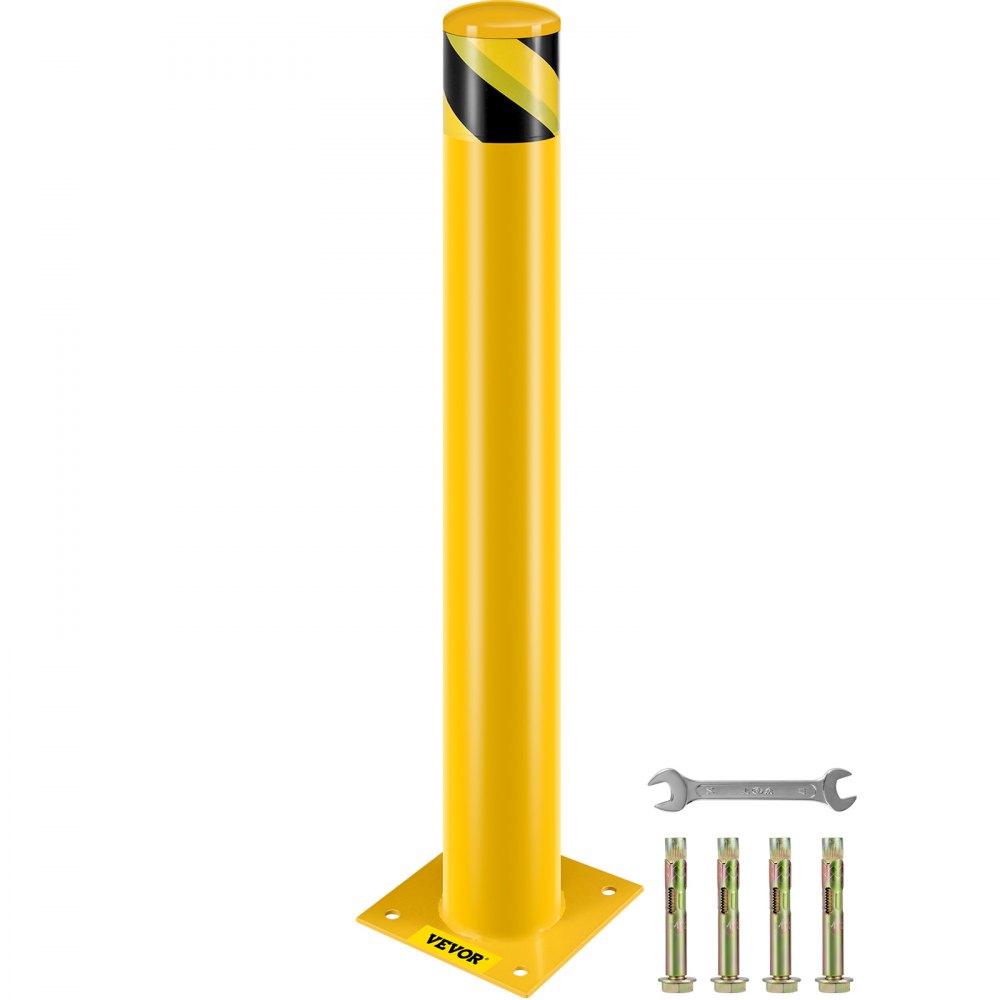 VEVOR safety bollard in yellow with black stripes, wrench, and bolts included.