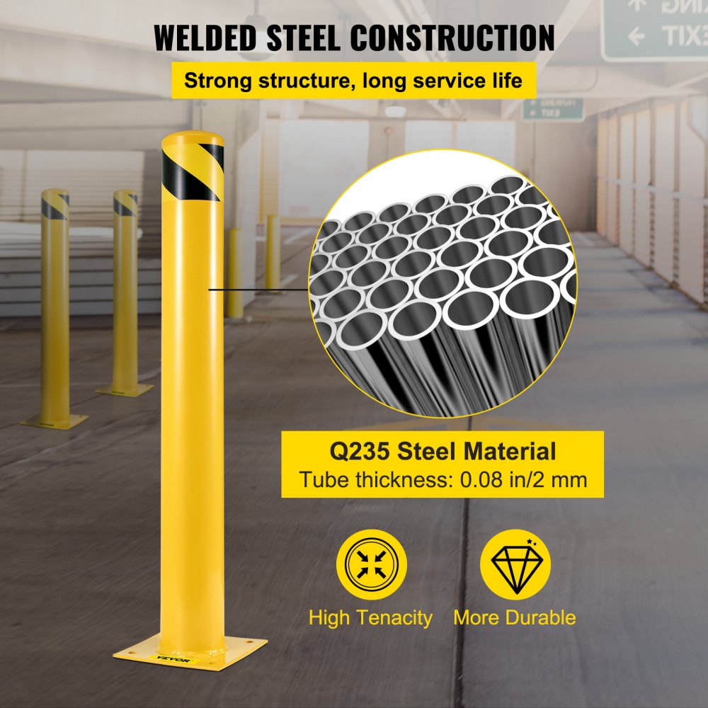 VEVOR Safety Bollard 107 cm x 11.4 cm Safety Barrier Bollard 11.4 cm OD 107 cm Height Yellow Powder Coat Pipe Steel Safety Barrier with 4 Free Anchor Bolts for Traffic-Sensitive Area