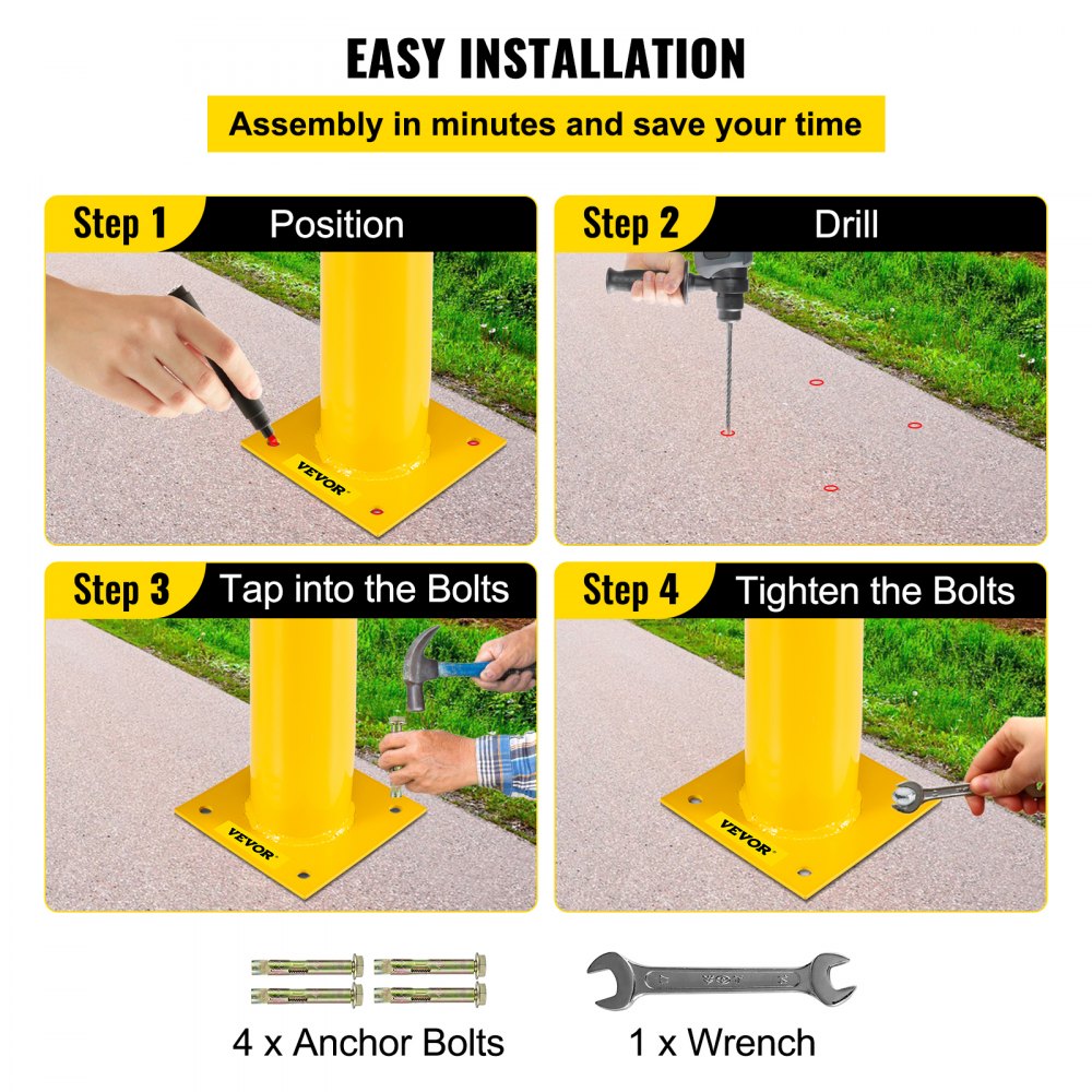 VEVOR Safety Bollard 107 cm x 11.4 cm Safety Barrier Bollard 11.4 cm OD 107 cm Height Yellow Powder Coat Pipe Steel Safety Barrier with 4 Free Anchor Bolts for Traffic-Sensitive Area