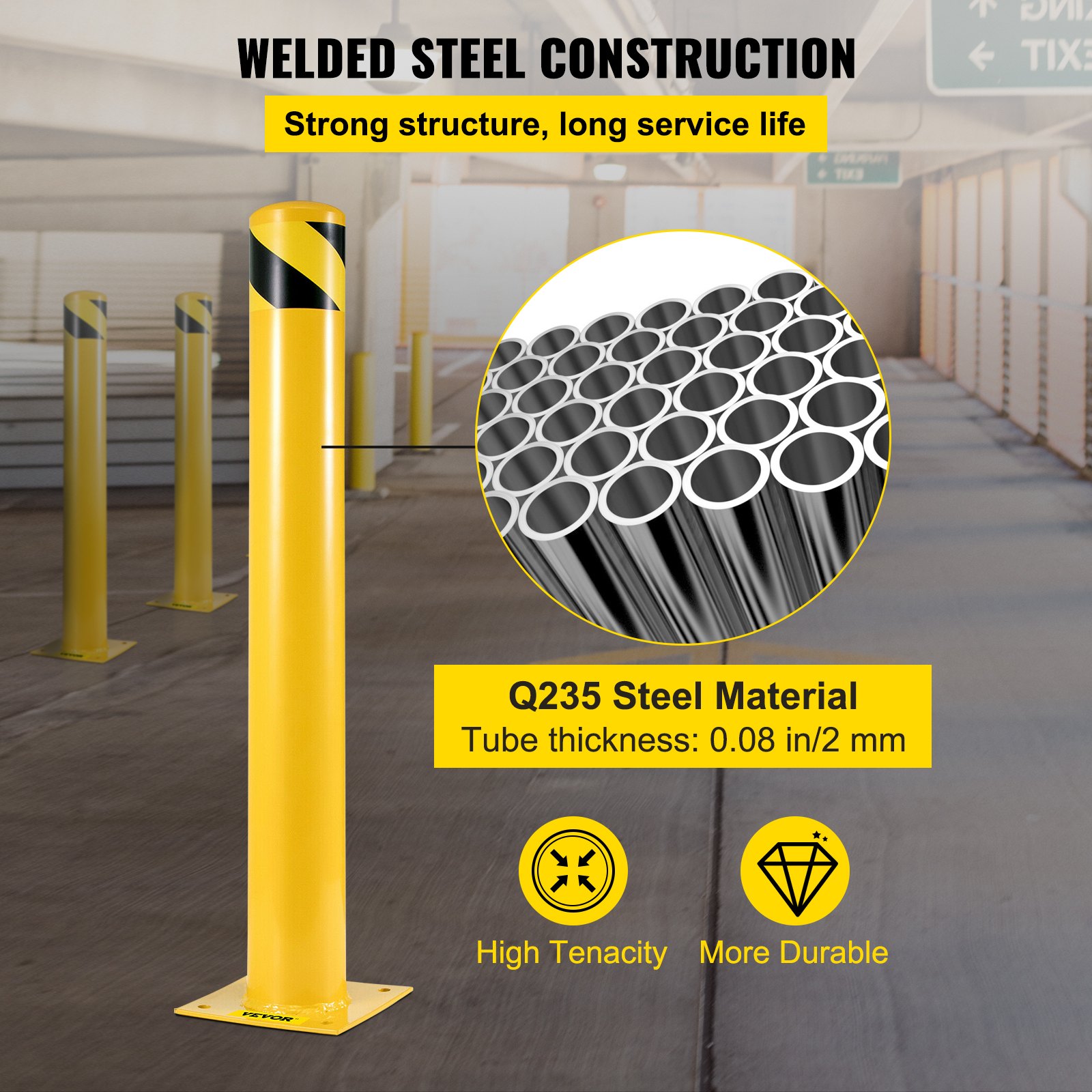 VEVOR Safety Bollard 107 cm x 11.4 cm Safety Barrier Bollard 11.4 cm OD 107 cm Height Yellow Powder Coat Pipe Steel Safety Barrier with 4 Free Anchor Bolts for Traffic-Sensitive Area