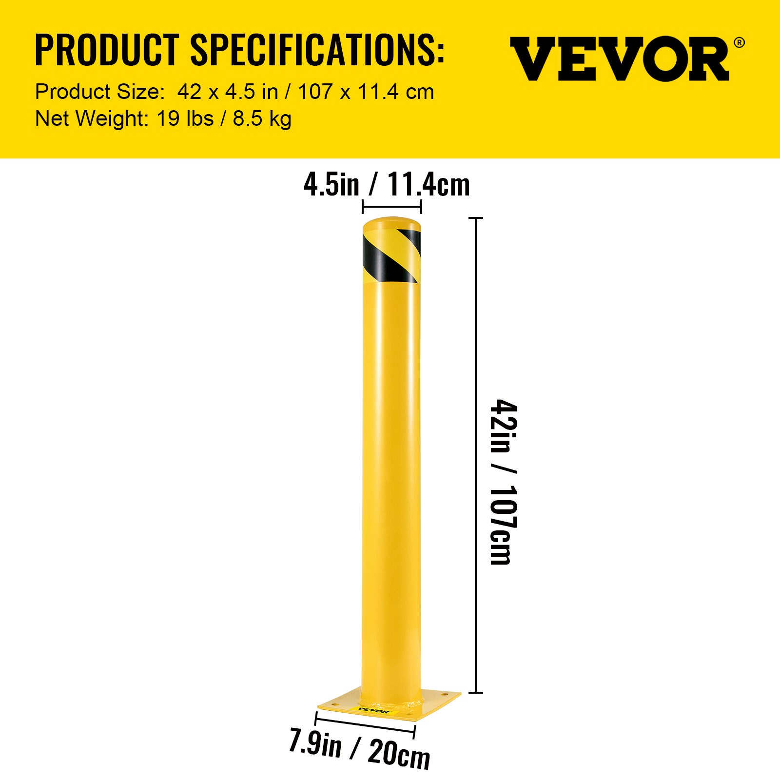 VEVOR Safety Bollard 107 cm x 11.4 cm Safety Barrier Bollard 11.4 cm OD 107 cm Height Yellow Powder Coat Pipe Steel Safety Barrier with 4 Free Anchor Bolts for Traffic-Sensitive Area