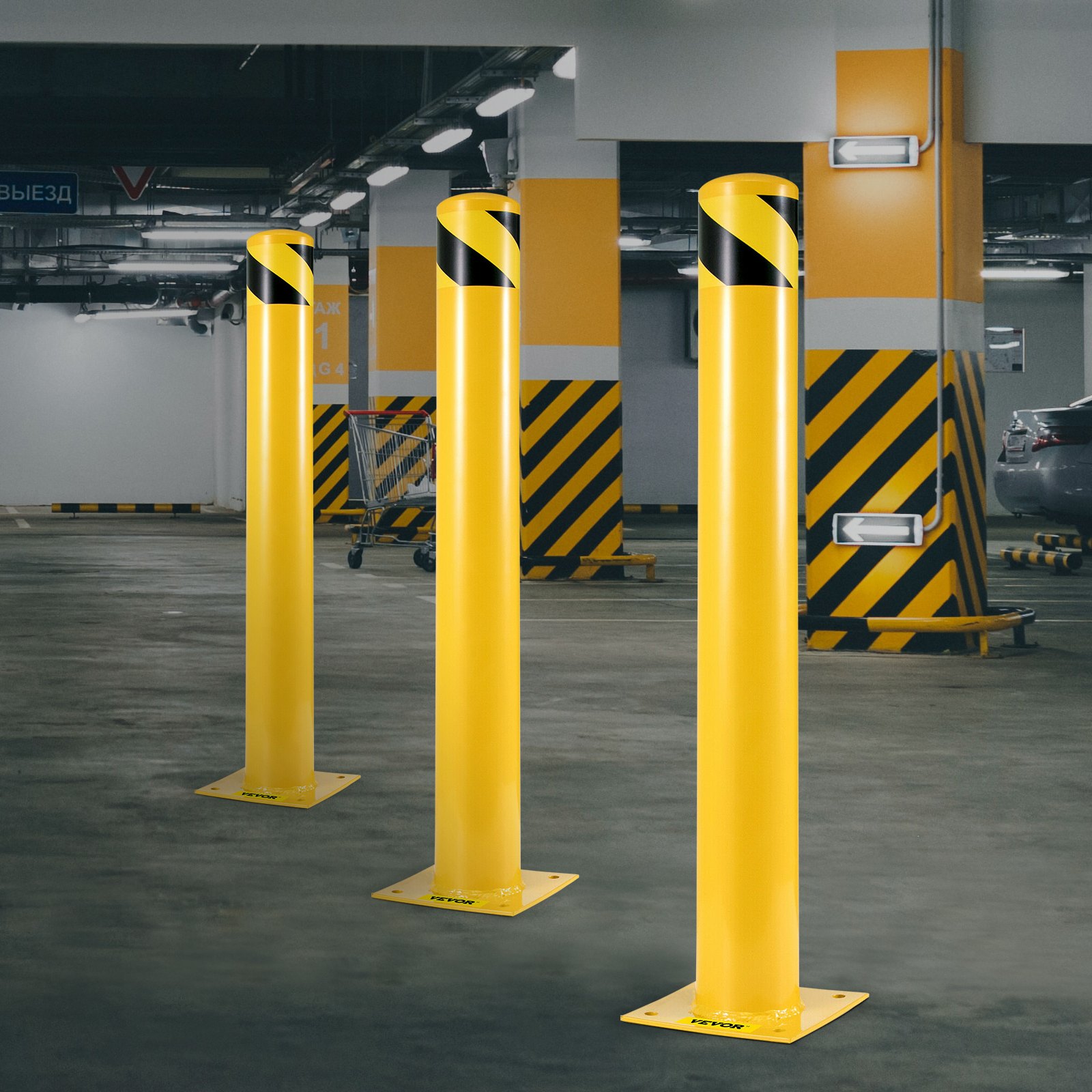VEVOR Safety Bollard 107 cm x 11.4 cm Safety Barrier Bollard 11.4 cm OD 107 cm Height Yellow Powder Coat Pipe Steel Safety Barrier with 4 Free Anchor Bolts for Traffic-Sensitive Area