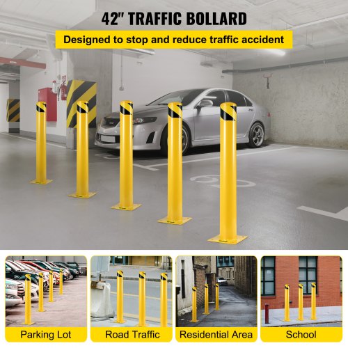 VEVOR 42-5.5 Safety Bollard, 5-1/2" OD Safety Barrier Bollard, 42" Height Yellow Powder Coat Pipe Steel Safety Barrier, with 4 Free Anchor Bolts, for Traffic-Sensitive Area