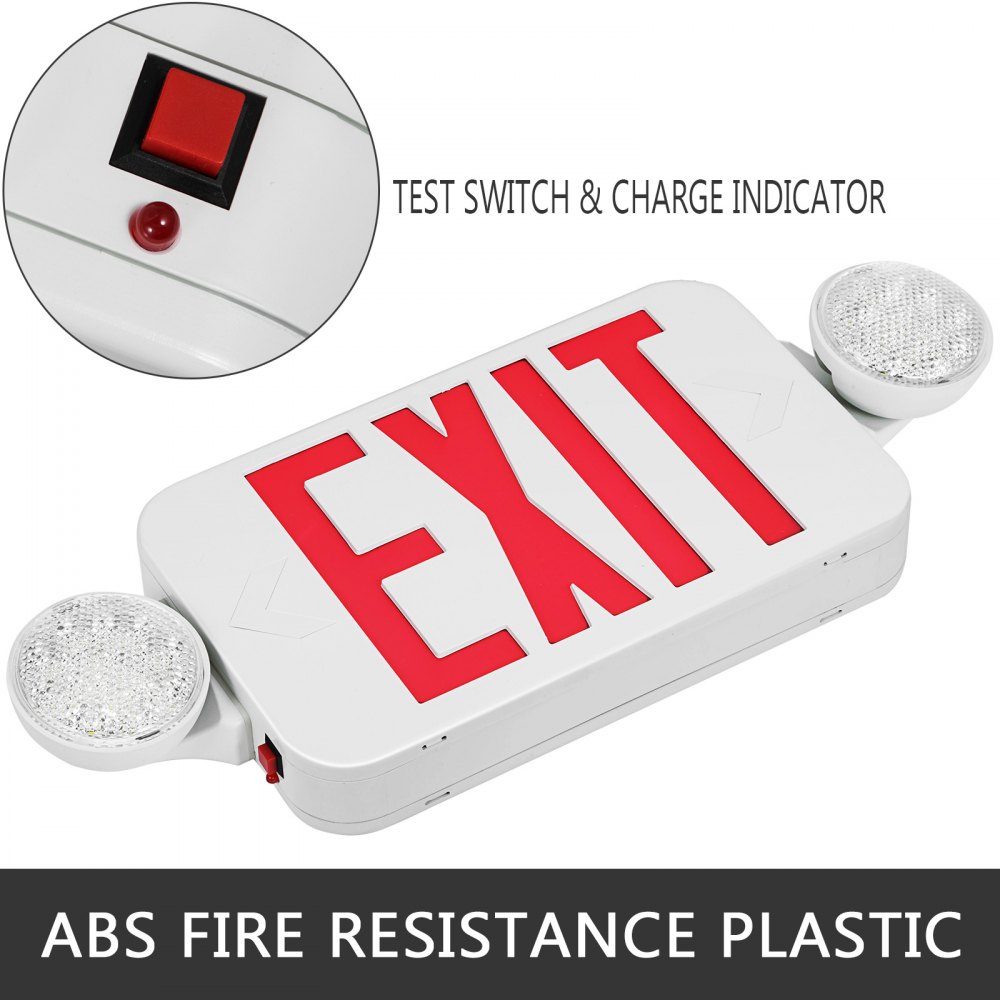 VEVOR 4 Pack Emergency Lights Red EXIT Sign with Dual LED Lamp Heads ABS Fire Resistance Exit Light with Emergency Light Photoluminescent Exit Sign Emergency Exit Light Led Exit Alarm
