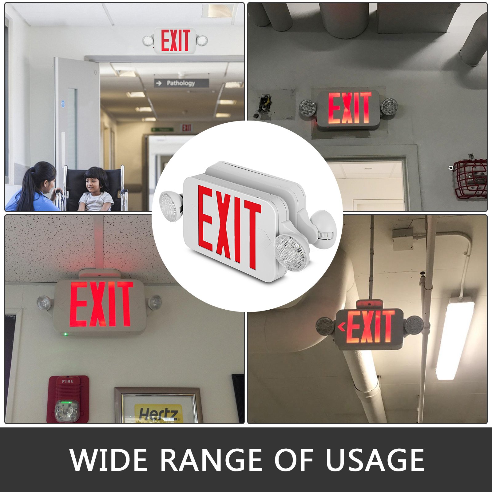 VEVOR 4 Pack Emergency Lights Red EXIT Sign with Dual LED Lamp Heads ABS Fire Resistance Exit Light with Emergency Light Photoluminescent Exit Sign Emergency Exit Light Led Exit Alarm
