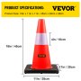 VEVOR safety cones specifications: 18in tall, 11in base, 4in reflective band.