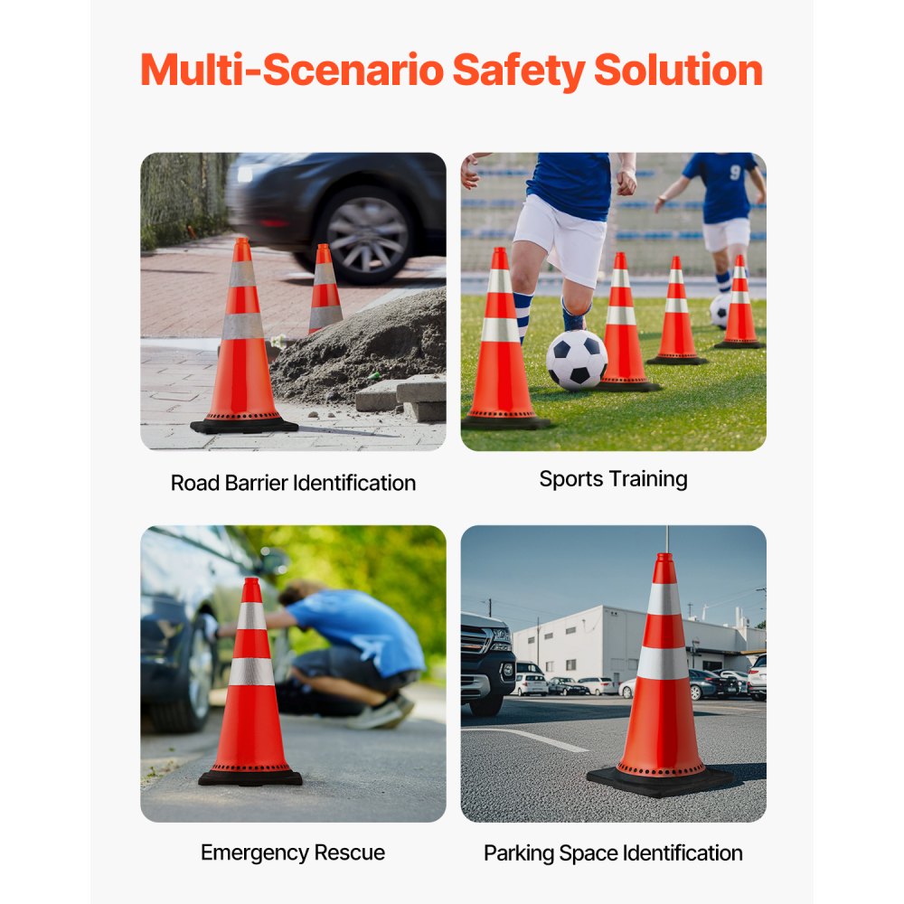 VEVOR Safety Cones, 8 x 30" Traffic Cones, PVC Orange Construction Cones, Reflective Collars Traffic Cones with Black Weighted Base Used for Traffic Control, Driveway Road Parking and School Improvem