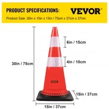 VEVOR Safety Cones, 8 x 30" Traffic Cones, PVC Orange Construction Cones, Reflective Collars Traffic Cones w/Black Weighted Base Used for Traffic Control, Driveway Road Parking and School Improvement