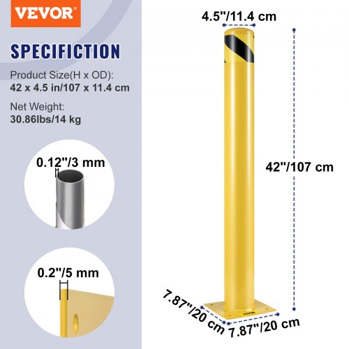 Yellow Safety Bollard Post - 36" Steel, Parking Barrier With Mounting Bolts