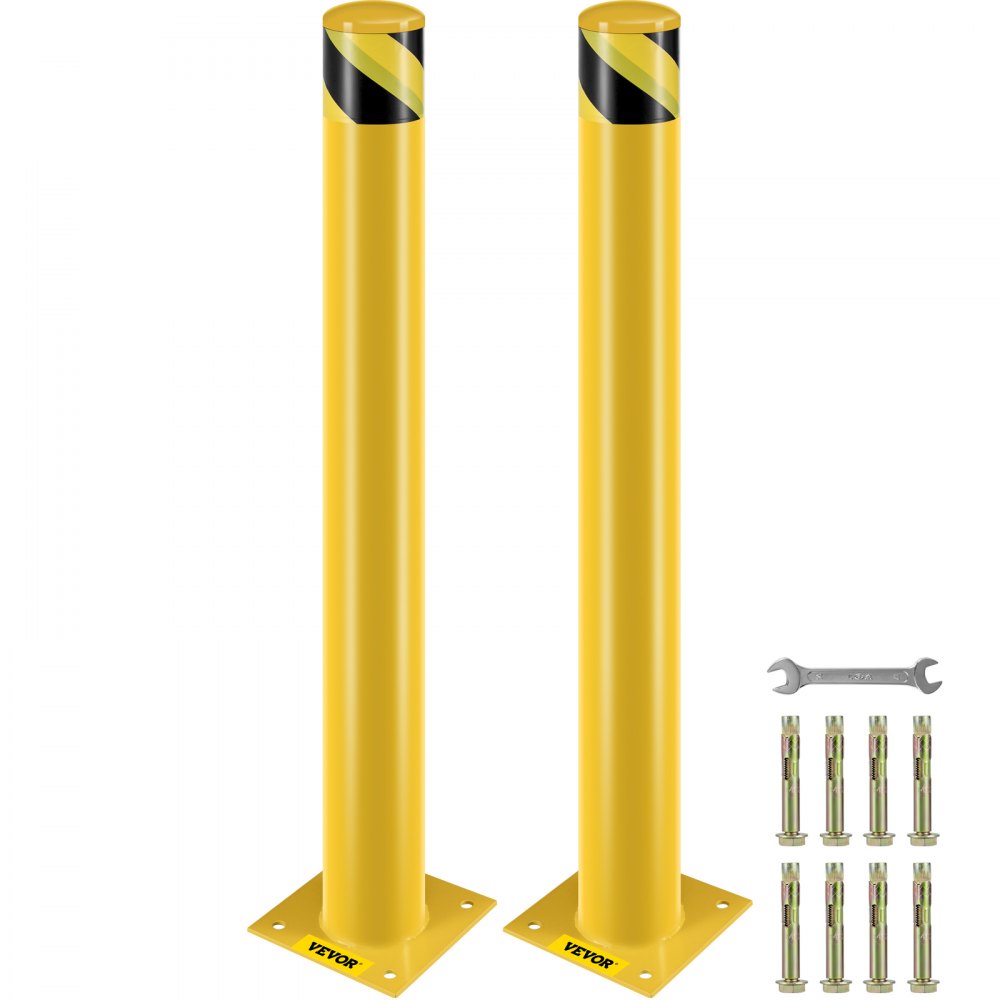 VEVOR sikkerhedspullert, 42 tommer højde pullertstolpe, 4,5 tommer diameter stålrør sikkerhedspullert, gul stålpullert, stål sikkerhedspullert med 8 ankerbolte, perfekt til trafikfølsomt område