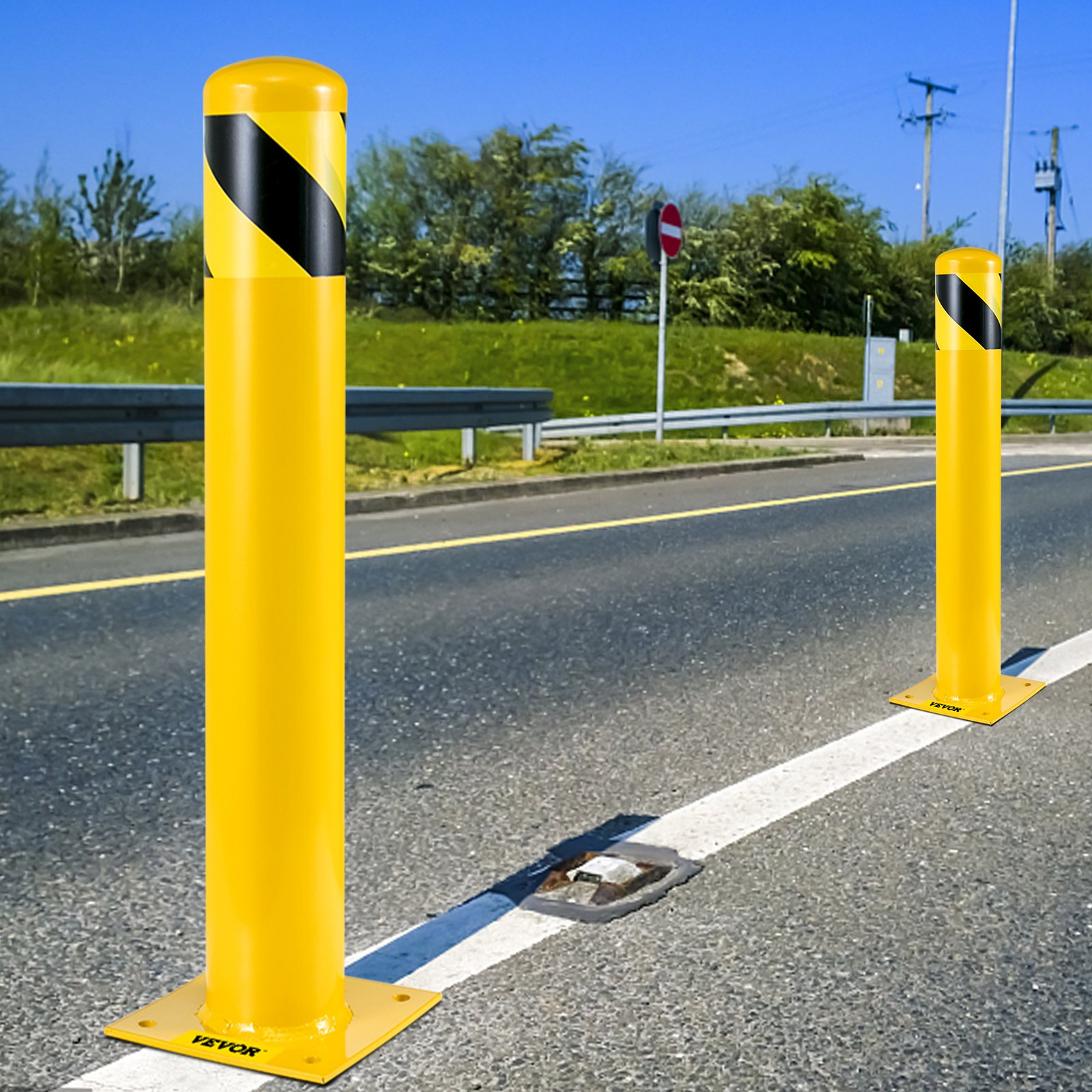VEVOR Safety Bollard, 122cm Height Bollard Post, 11cm Diameter Steel Pipe Safety Bollard Post, Yellow Steel Bollard, Steel Safety Bollard with 8 Anchor Bolts, Perfect for Traffic-Sensitive Area